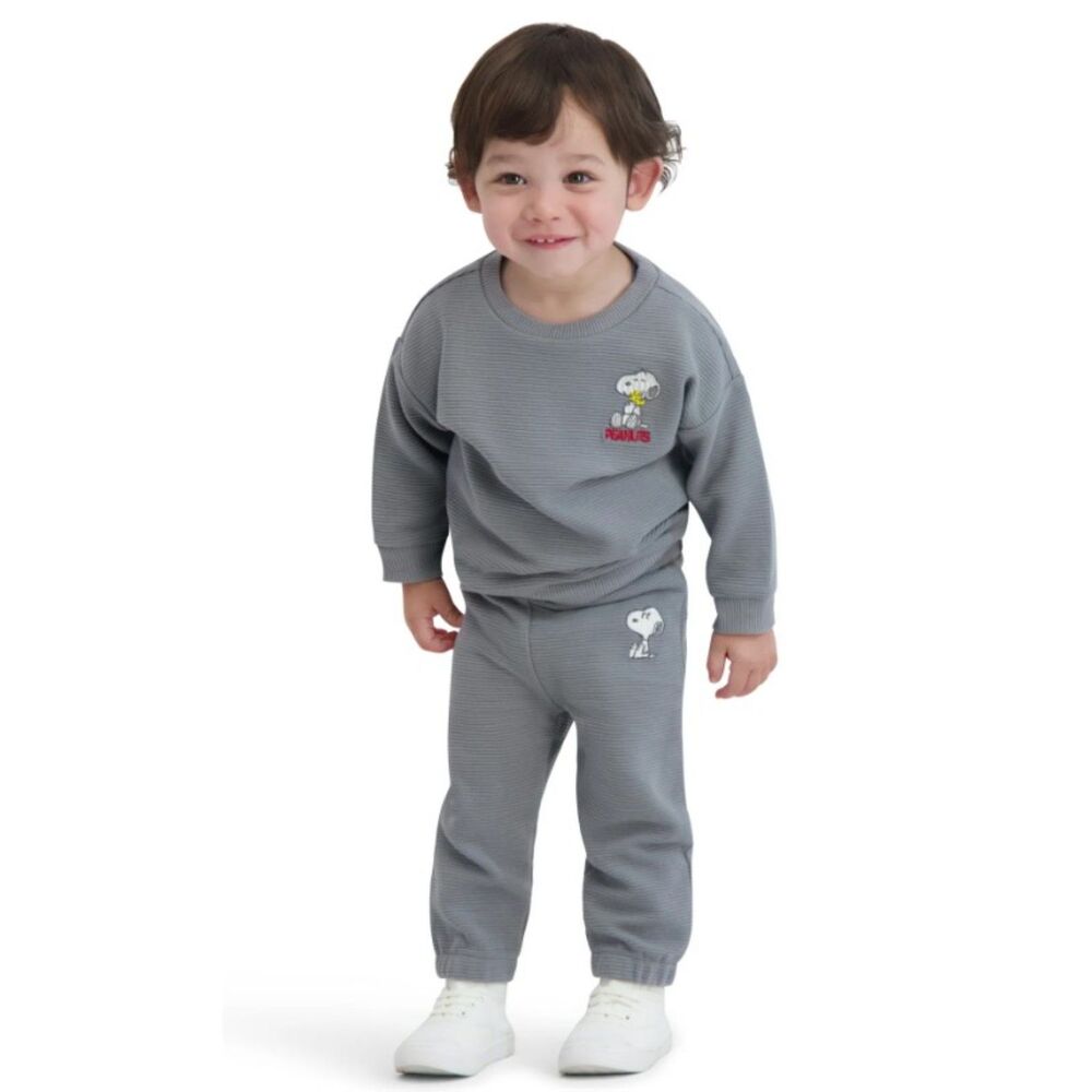 PEANUTS Baby Boys Sz 0-3 Months SNOOPY Gray Ribbed Shirt & Pants 2 Pc Outfit NEW